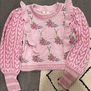 Loveshackfancy Floral Pink Sweater with Ruffle Details
